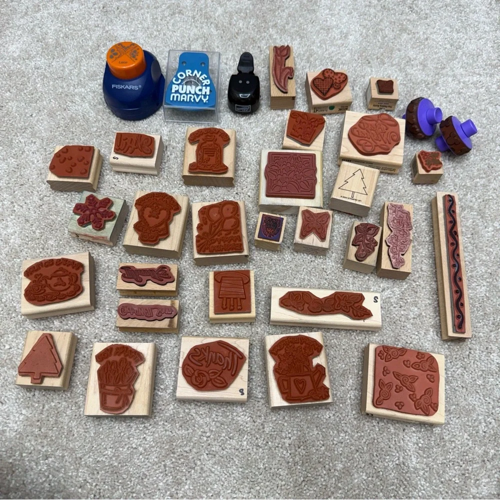 wood mounted rubber stamp‎ lot random various collection